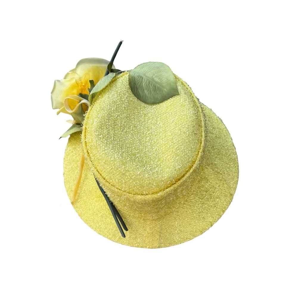 Vintage Style Yellow Boucle Tweed Cloche Hat Large Silk Rose Floral Church Derby